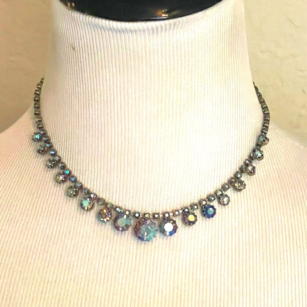 Vintage 1960s Blue Aurora Borealis Graduated Rhinestone Chocker Necklace 16"